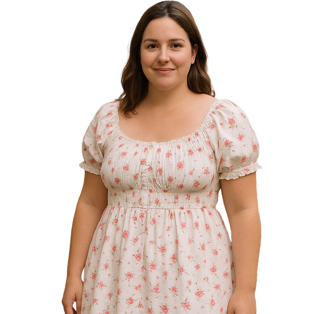 Sim & Sam Cream Mini Dress Chic Pink Floral Puff Sleeve Smocked fit and Flare - Picture 2 of 8
